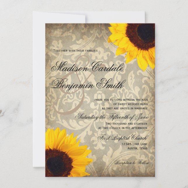 Vintage Damask Rustic Sunflower Wedding Invitation (Front)