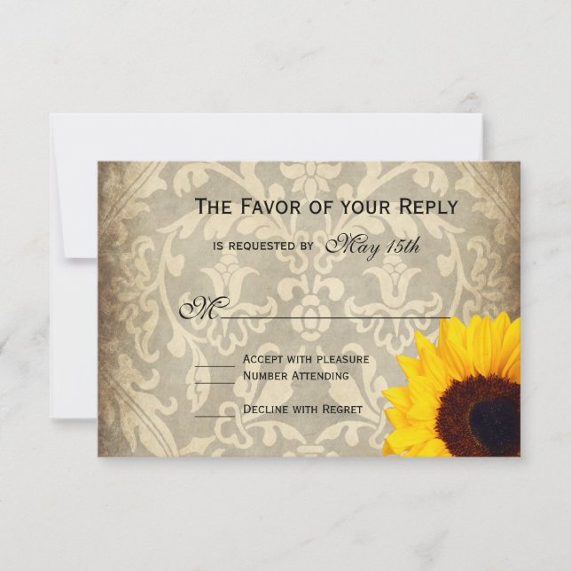 Vintage Damask Rustic Sunflower Wedding RSVP Cards (Front)