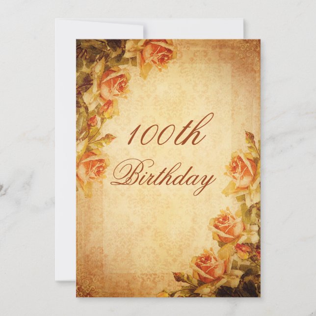 Vintage Damask Shabby Chic Peach Roses 100th Invitation (Front)