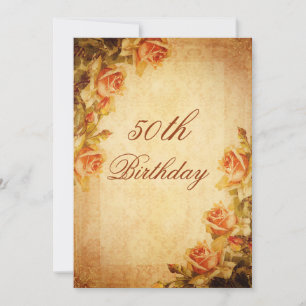Vintage Damask Shabby Chic Peach Roses 50th Invitation