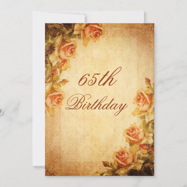 Vintage Damask Shabby Chic Peach Roses 65th Invitation (Front)