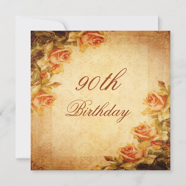 Vintage Damask Shabby Chic Peach Roses 90th Invitation (Front)