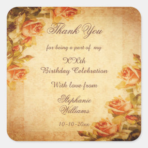 Vintage Damask Shabby Chic Peach Roses Birthday Square Sticker