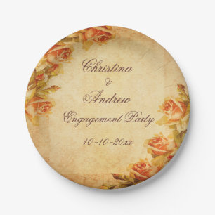 Vintage Damask Shabby Chic Peach Roses Engagement Paper Plate