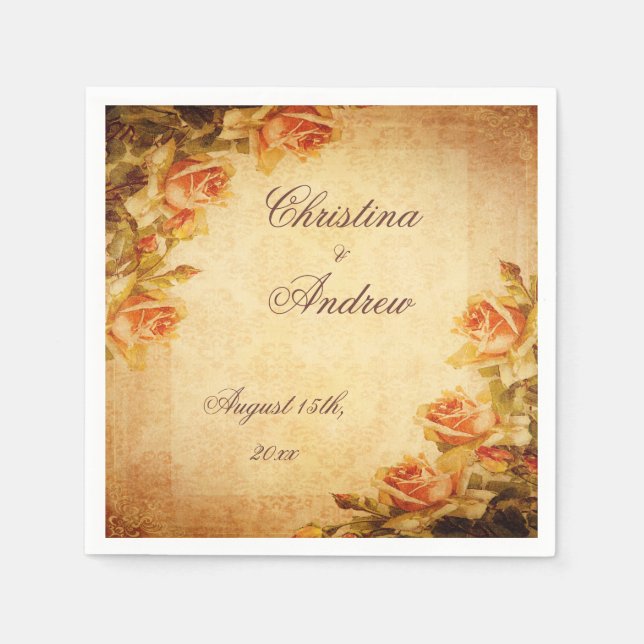 Vintage Damask Shabby Chic Peach Roses Serviettes Napkin (Front)