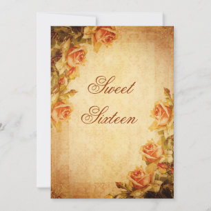 Vintage Damask Shabby Chic Peach Roses Sweet 16 Invitation