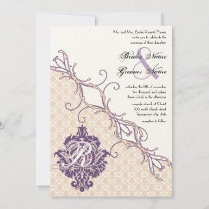 Vintage Damask Silver Peony & Grape Wedding Invite