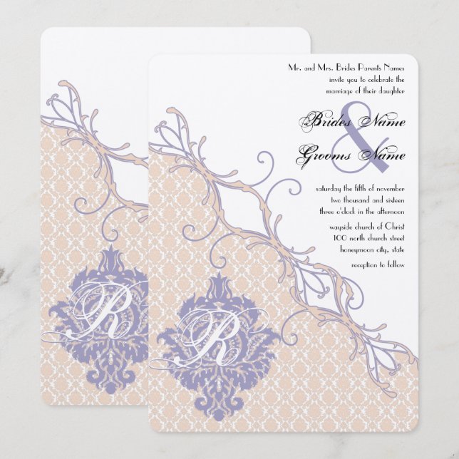 Vintage Damask Silver Peony & Lavender Wedding Invitation (Front/Back)