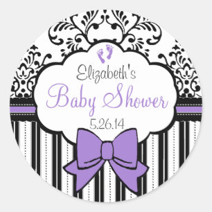 Vintage Damask, Stripes And Bow Purple Baby Shower Classic Round Sticker