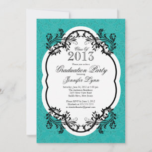 Vintage Damask Stylish Blue Graduation Party Invitation