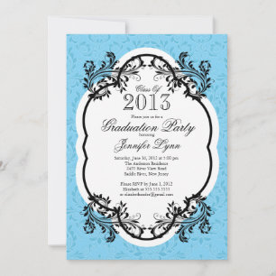 Vintage Damask Stylish Blue Graduation Party Invitation