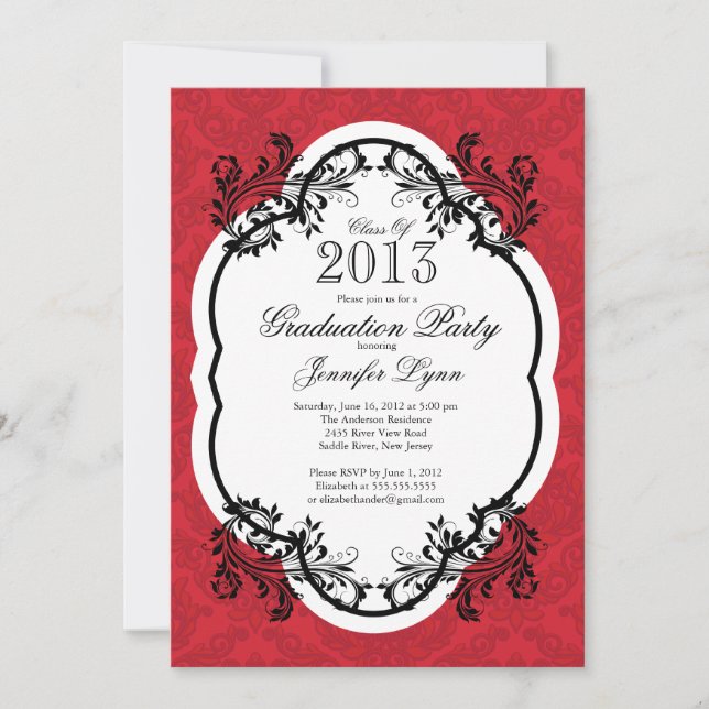 Vintage Damask Stylish Red Graduation Party Invitation (Front)