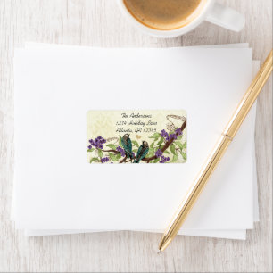 Vintage Damask Teal Bird Purple Flowering Branch Label