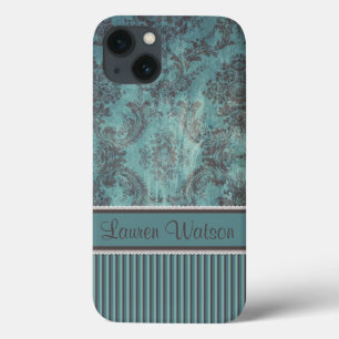Vintage damask teal brown Monogram iPhone 13 Case