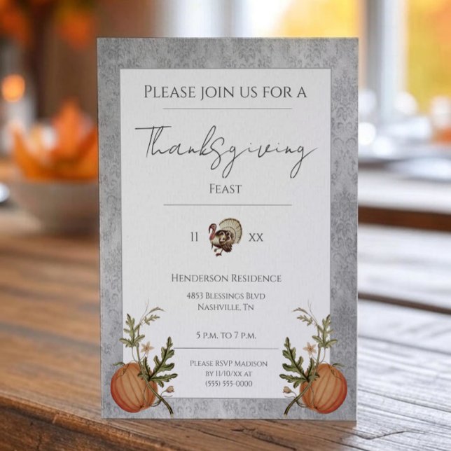 Vintage Damask Thanksgiving Dinner | Grey Invitation (Gray Vintage Damask Thanksgiving Dinner Invitation)