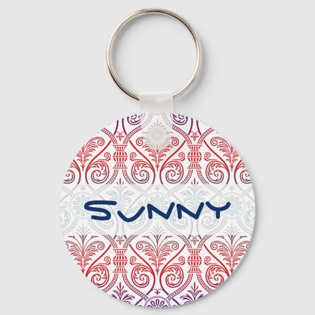 Vintage Damask Wallpaper - blue violet red Key Ring (Front)