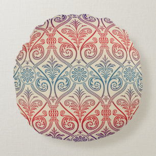 Vintage Damask Wallpaper - blue violet red Round Cushion