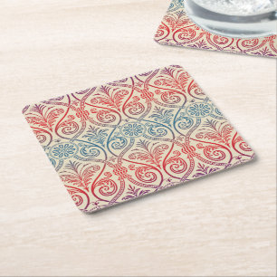 Vintage Damask Wallpaper - blue violet red Square Paper Coaster