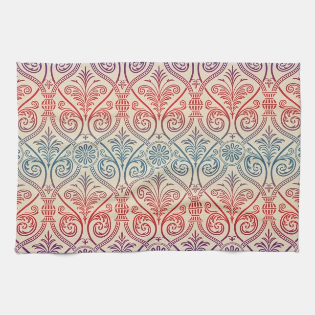 Vintage Damask Wallpaper - blue violet red Tea Towel (Horizontal)