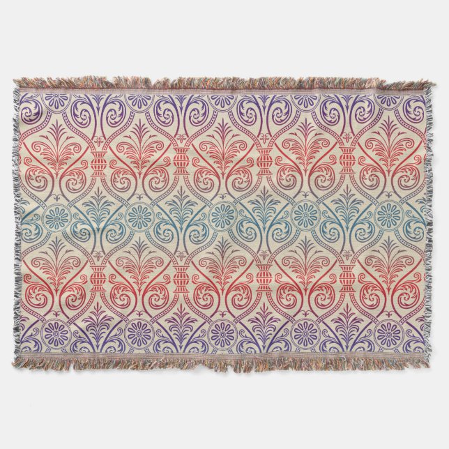 Vintage Damask Wallpaper - blue violet red Throw Blanket (Front)