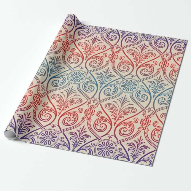 Vintage Damask Wallpaper - blue violet red Wrapping Paper (Unrolled)