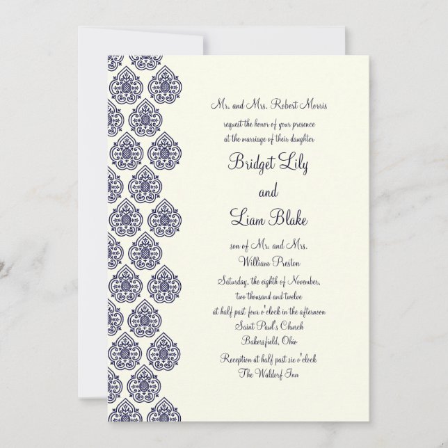 Vintage Damask Wedding Invitation (blue) (Front)