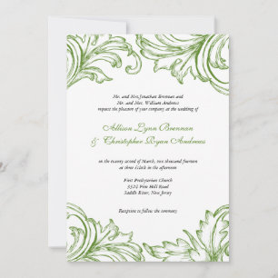 Vintage Damask Wedding Invitation Green & White