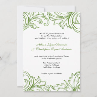 Vintage Damask Wedding Invitation Green & White