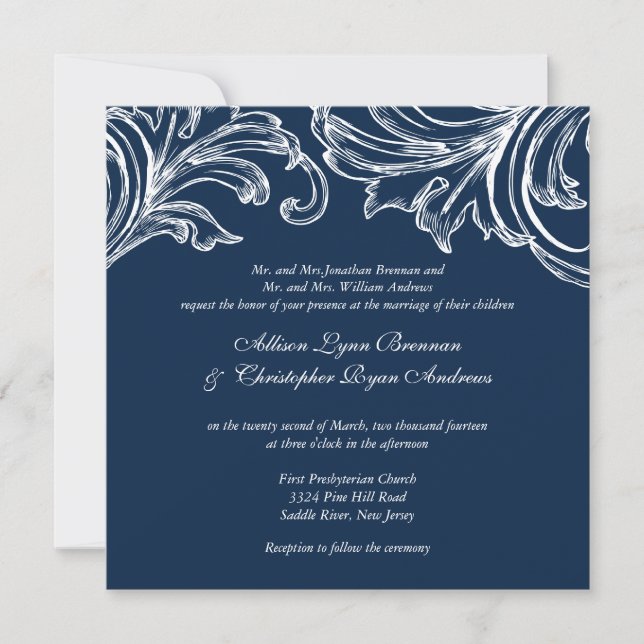 Vintage Damask Wedding Invitation Navy Blue  White (Front)