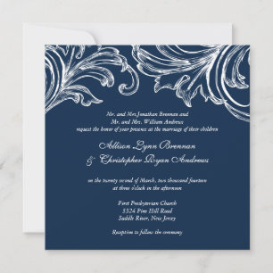 Vintage Damask Wedding Invitation Navy Blue White
