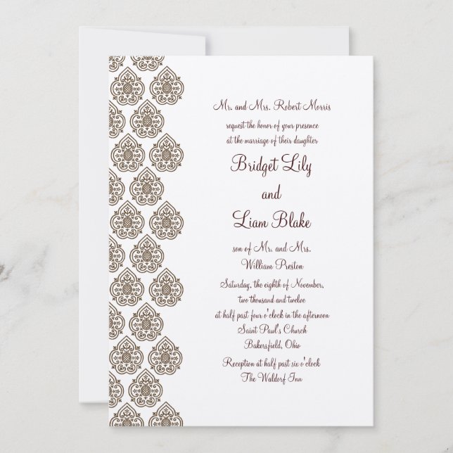 Vintage Damask Wedding Invitation on champagne (Front)