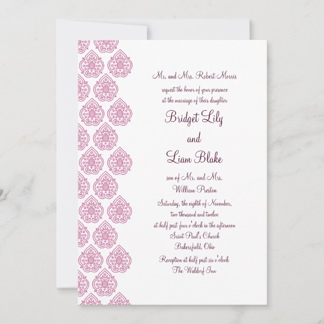 Vintage Damask Wedding Invitation (pink) (Front)