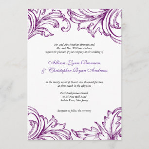 Vintage Damask Wedding Invitation Purple & White