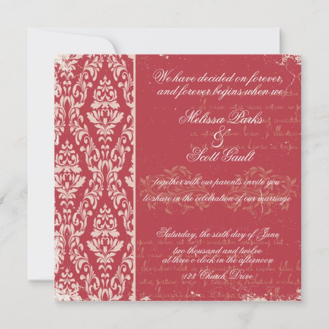 Vintage damask wedding invitation Red (Front)