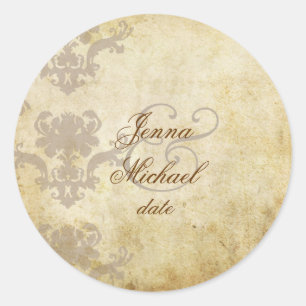 VINTAGE DAMASK WEDDING INVITATIONS CLASSIC ROUND STICKER