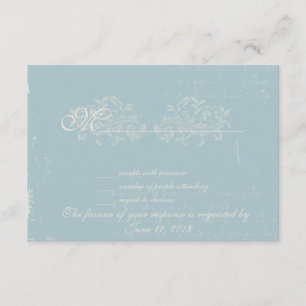 Vintage damask wedding RSVP Blue Card