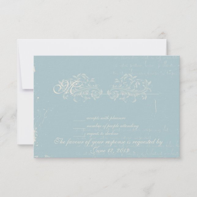 Vintage damask wedding RSVP Blue Card (Front)