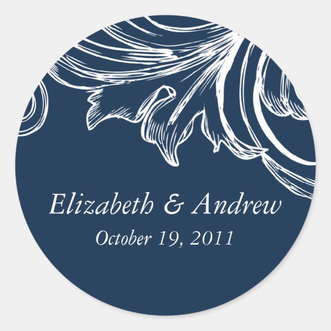 Vintage Damask Wedding Sticker Navy Blue & White (Front)