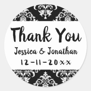 Vintage Damask Wedding Thank You Black & White Classic Round Sticker