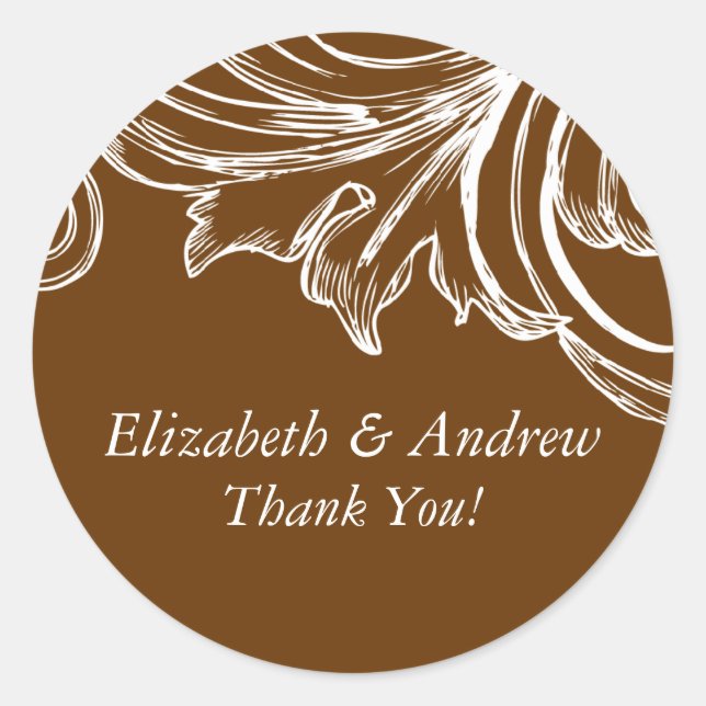 Vintage Damask Wedding Thank You Sticker Brown (Front)