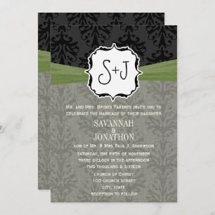 Vintage Damsk Olive Green Black Wedding Invitation