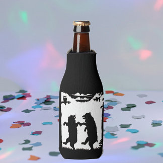 Vintage Dancing Bears Black Silhouette Trees Owl Bottle Cooler
