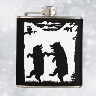 Vintage Dancing Bears Black Silhouette Trees Owl Hip Flask