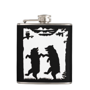 Vintage Dancing Bears Black Silhouette Trees Owl Hip Flask