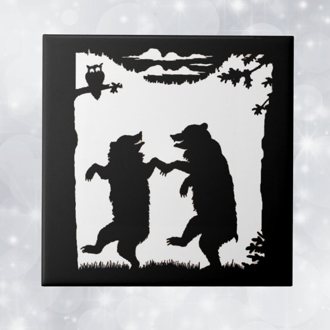 Vintage Dancing Bears Black Silhouette Trees Owl Tile (Black and white image of bears dancing under trees in forest with owl on decorative tile.)