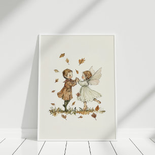 Vintage Dancing Elves in Autumn Leaves Art  Poster