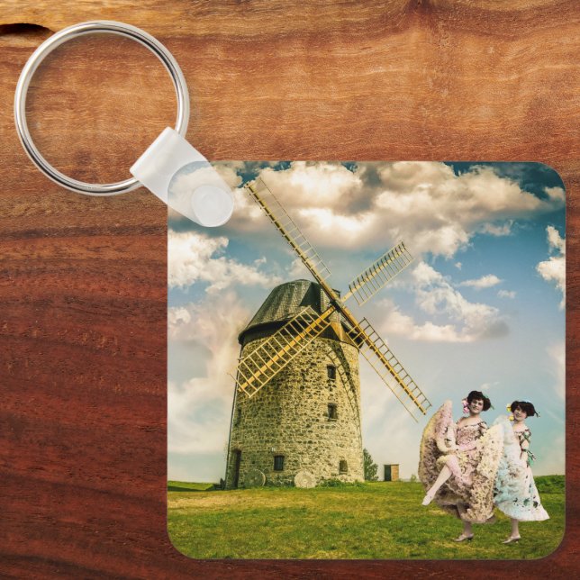 Vintage Dancing Flower Girls and Windmill Key Ring (Front)