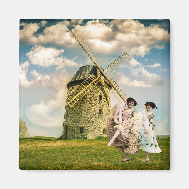 Vintage Dancing Flower Girls and Windmill  Magnet (Front)