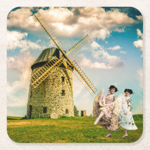 Vintage Dancing Flower Girls and Windmill   Square Paper Coaster