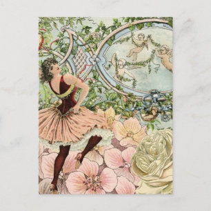 Vintage Dancing Gypsy with Flowers and Ephemera Postcard
